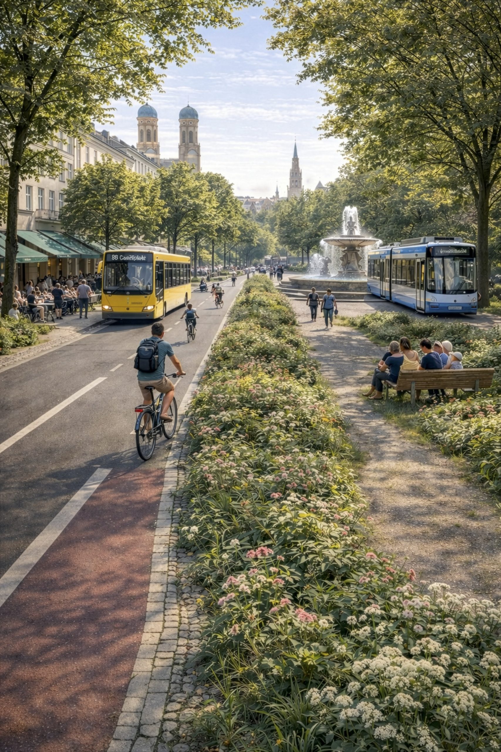 Man sieht eine KI-Visualisierung, wie München aussehen könnte, wenn die Forderungen der Kampagne "Stadt für Alle" umgesetzt werden.