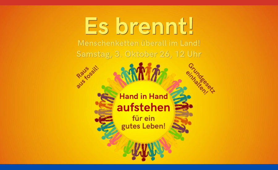Auf orangenen Hintergrund sieht man eine Menschenkette und die darüber steht: Es brennt! Menschenketten am 3. Oktober im ganzen Land