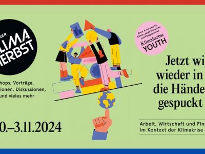 Sharepic des Münchner Klimaherbsts: u.a. das Logo und der Schriftzug "Arbeit, Wirtschaft und Finanzen im Kontext der Klimakrise, 8.10.-3.11.2024"